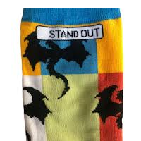 Socks with blue, yellow, red white and cream checks with a dragon design